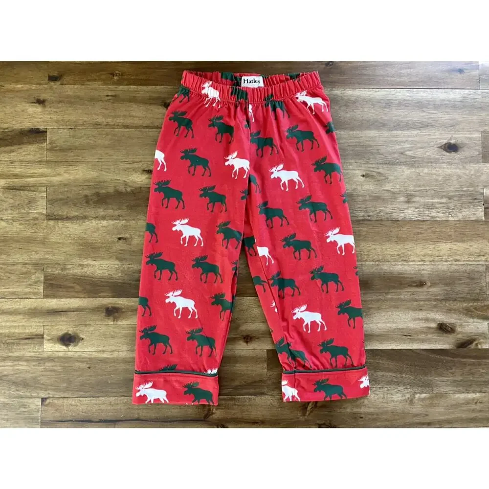 Hatley Holiday Button Down Red Green Moose Long Sleeve Pants Pajama Set 3